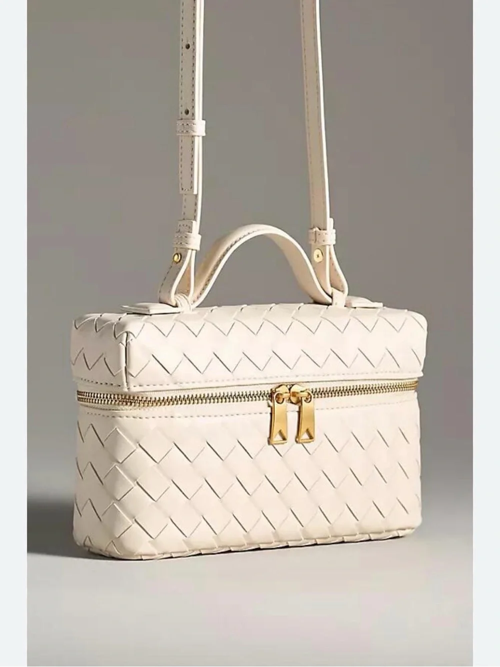 Anthropologie Cream Woven Cosmetic Case with Gold Zipper